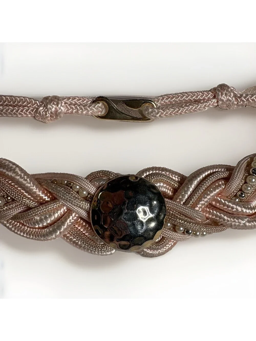 Vintage 80s Pink Braided Satin Belt with Faux Pearls & Gold-